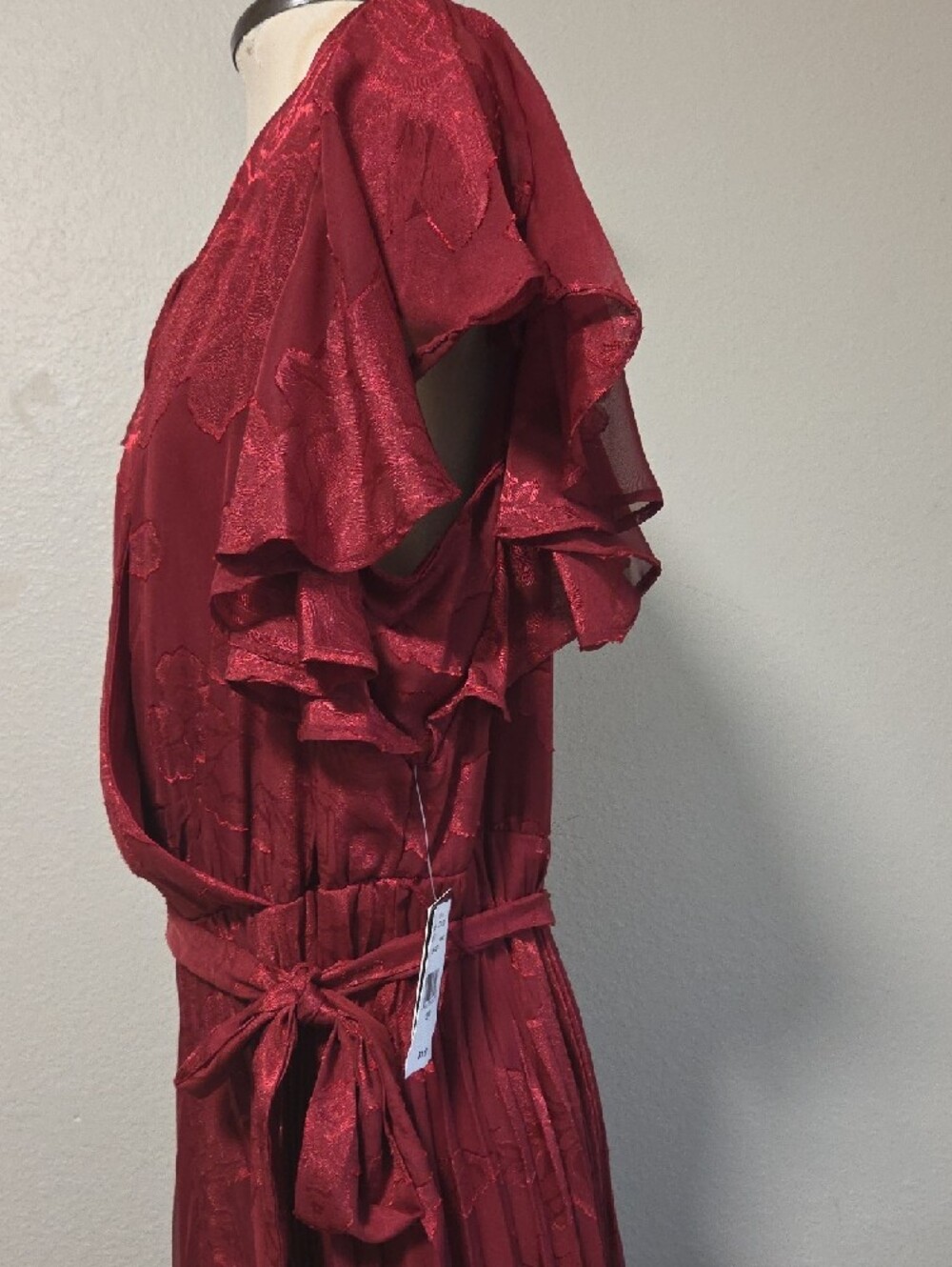 Women's Burgundy V-Neck Pleated Wrap Dress - Picture 3 of 8